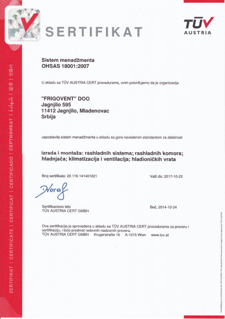 Frigovent - TUV OHSAS 18001:2007