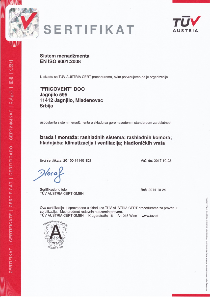 Frigovent - TUV EN ISO 9001:2008